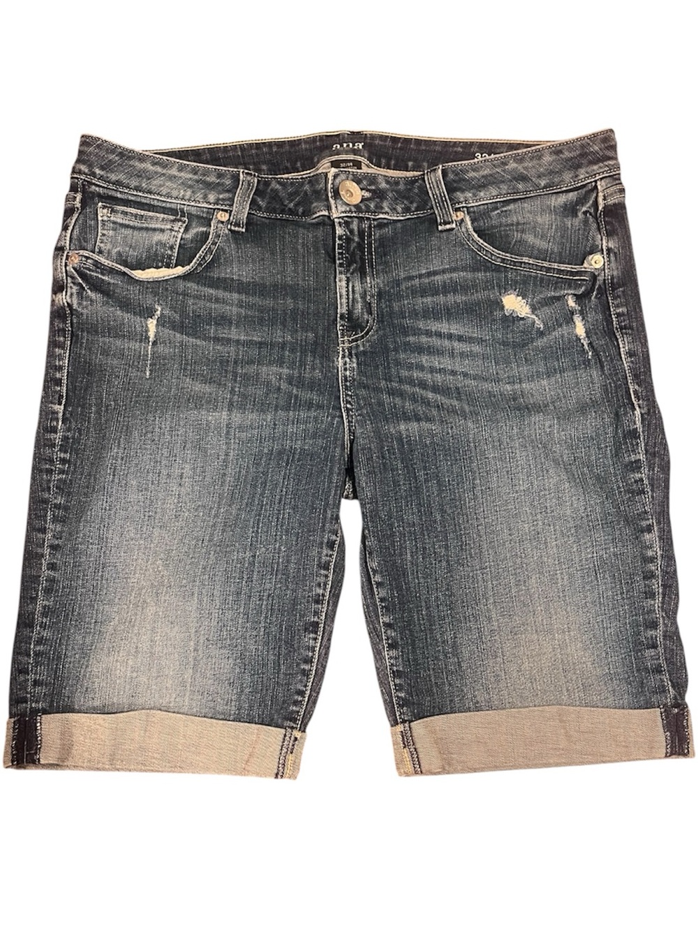 A.N.A. Women’s Size 12 Dark Wash Denim Bermuda Shorts Cuffed Distressed Mid Rise